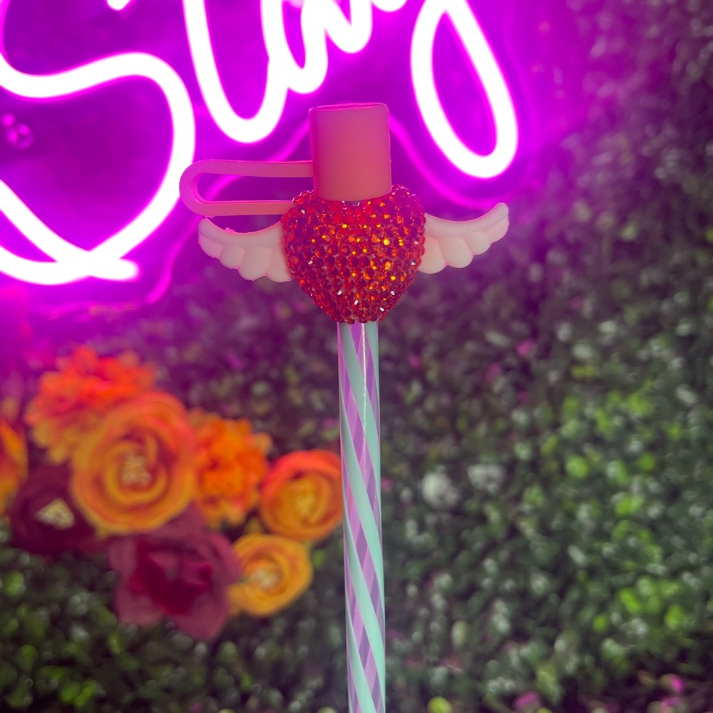 Handcrafted Orange Rhinestone Heart Straw Topper - Picture 2 of 3